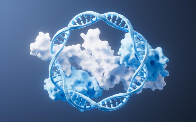 Photo dna and protein with biological concept 3d rendering