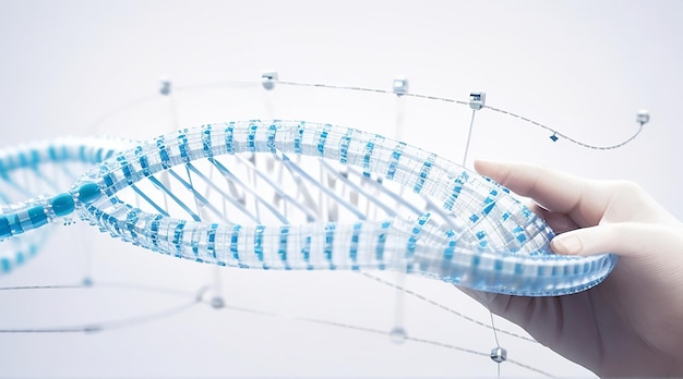 손의 와이어 프레임에서 DNA 염기서열 DNA 코드 분자 구조 mesh