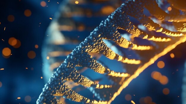 A dna strand is shown in a blue background.