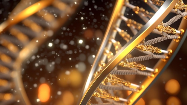A dna strand is shown in front of a gold background.