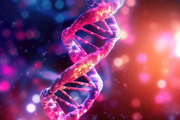 A dna strand is shown in purple and pink against a purple background.