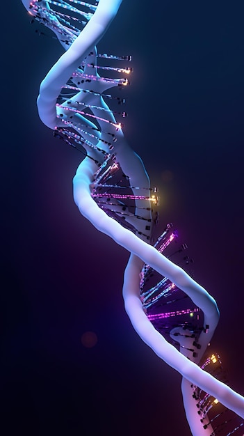 파란색 배경과 보라색 배경을 가진 DNA 가닥.