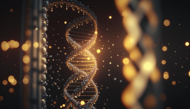 금색과 검은색 조명이 있는 DNA 가닥.