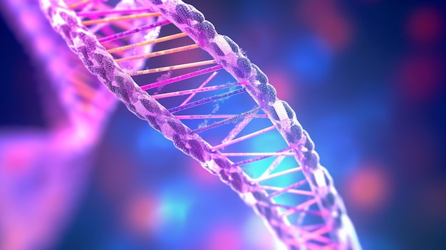 A dna strand with pink and blue lights