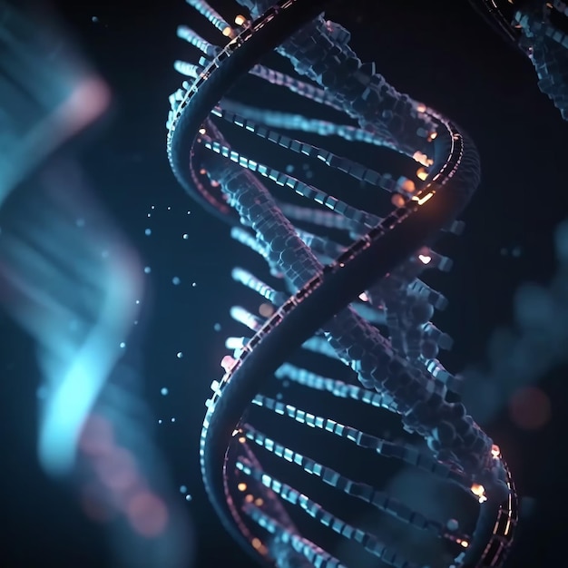 DNA-strengen op donkere achtergrond gegenereerd met AI Afbeelding gegenereerd met AI-technologie