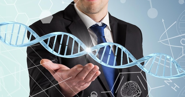 Photo dna structure and chemical structures over mid section of business man with cupped hand