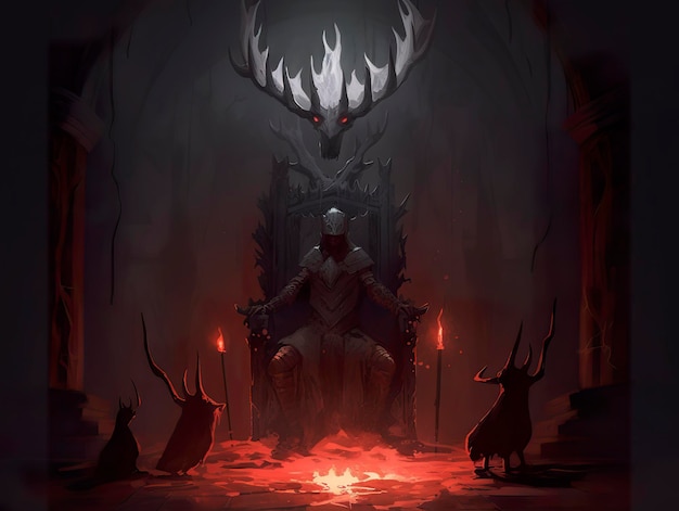 DnD art shrouded monster wreathed in lightening with antlers standing in darkened corner of a medieval throne room dark generat ai