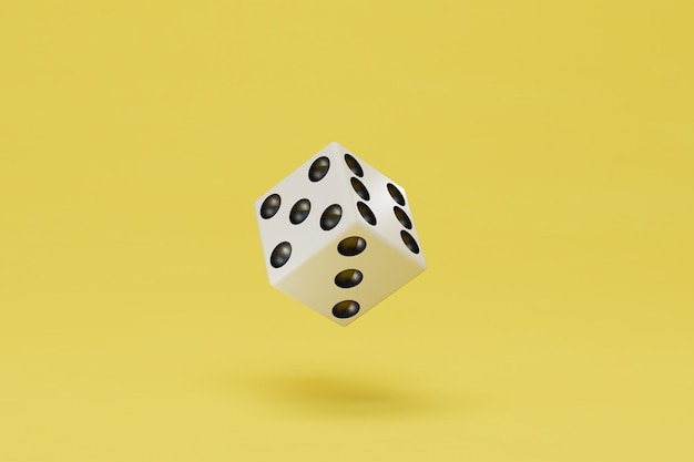 Dobbel een witte kubus met zwarte stippen op een gele achtergrond 3D render