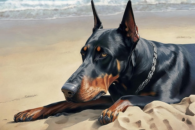 Doberman die op het strand ligt en uitkijkt op de oceaan, gemaakt met generatieve AI