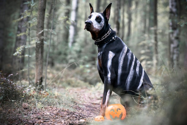 Doberman dog for halloween, horror spooky. Black pet sits like a ghost us pumpkin jack, scary and creepy.