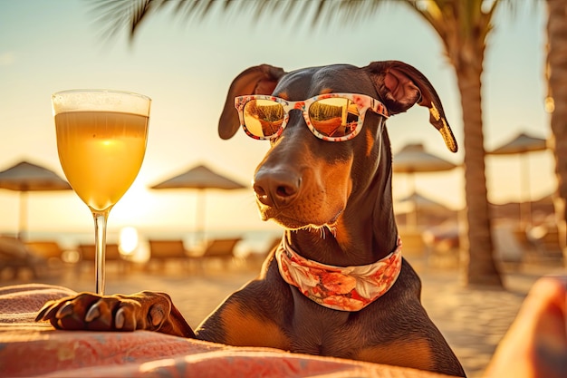 Doberman dog is relaxing on the beach with a cocktail Resort holiday concept with pets Generative AI