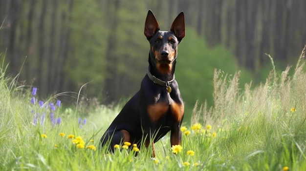 花畑に座るドーベルマン犬