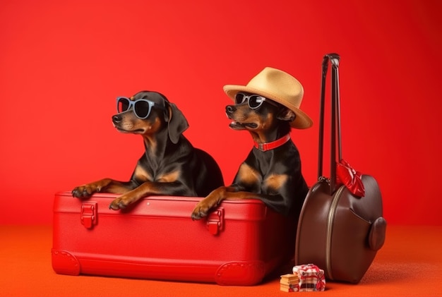 Doberman honden met een zonnebril met een hoed op een rode achtergrond in de studio.