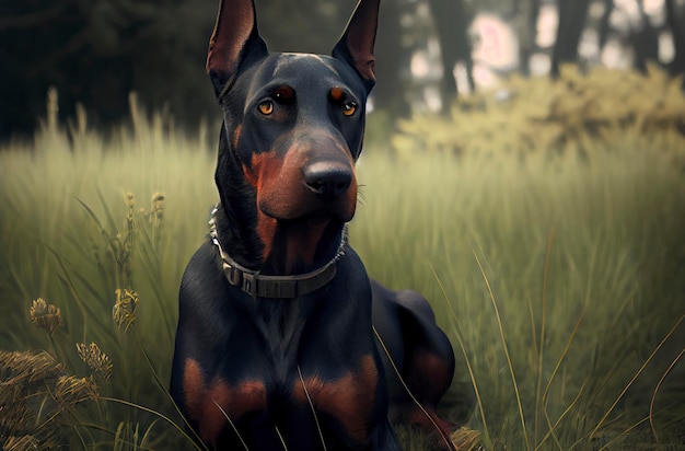 Doberman lies on the grass Generative AI