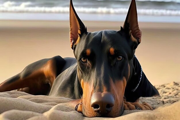 Doberman lying on beach looking out at the ocean created with generative ai