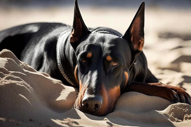 Doberman lying in the sun with its head resting on its paws created with generative ai