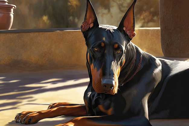 Photo doberman lying in the sun with its head resting on its paws created with generative ai