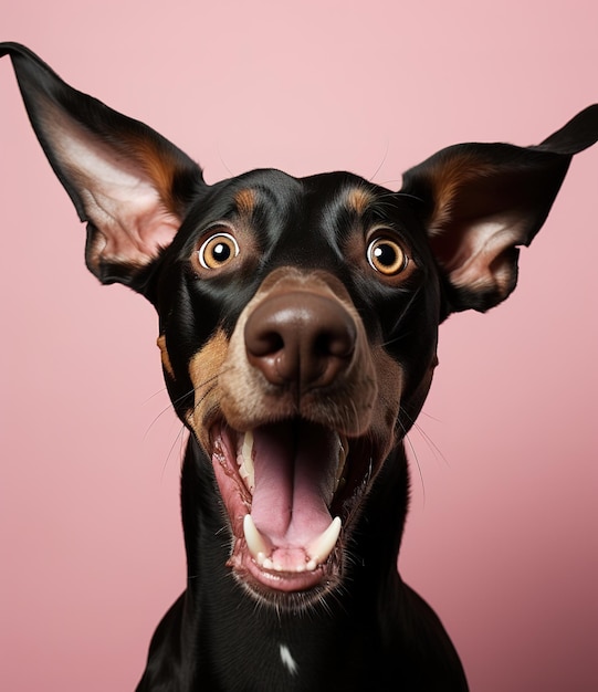 Doberman op een roze achtergrond grappig huisdier grappige hond