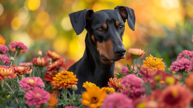 Доберман-пинчер среди ярких цветов