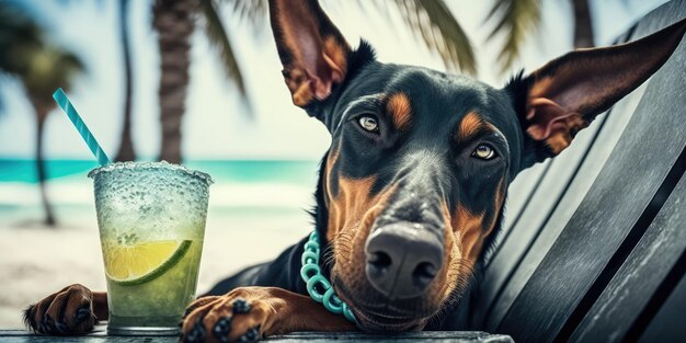 Photo doberman pinscher dog is on summer vacation at seaside resort and relaxing rest on summer beach of hawaii