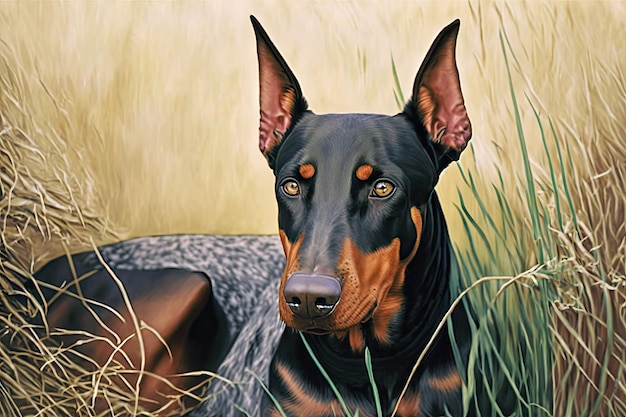 Doberman pinscher laying in field of tall grass with its head on its paw created with generative ai