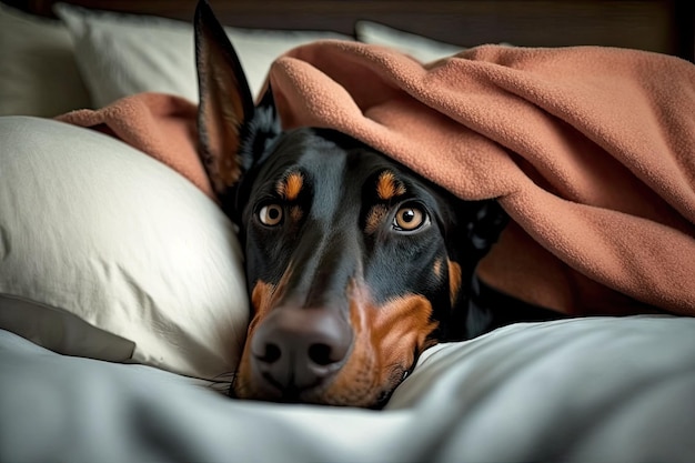 Doberman pinscher lying in bed with its head on pillow created with generative ai