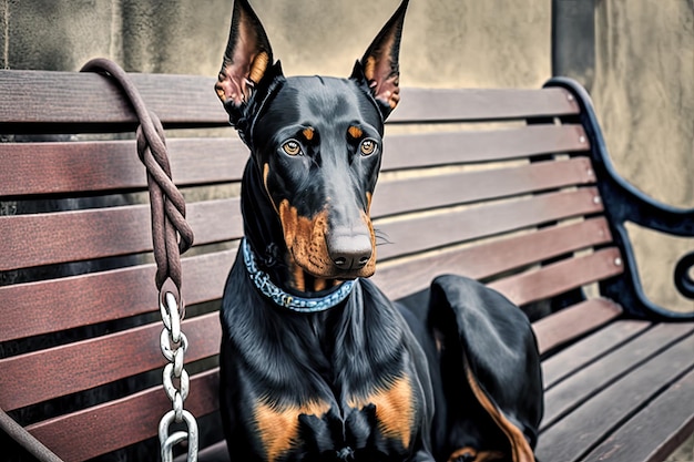 Doberman pinscher sitting on bench with leash in mouth created with generative ai