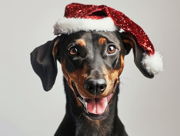 Doberman Pinscher smiling wearing a Christmas hat portrait