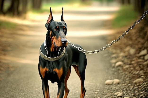 Doberman pinscher walking on leash in the park created with generative ai