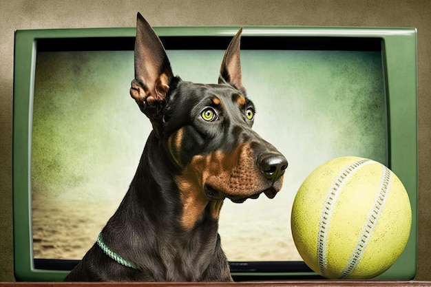 Doberman pinscher watching tennis match with ball in play created with generative ai