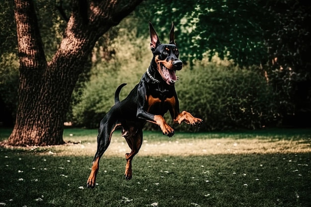 Doberman playing fetch in park running and jumping after stick created with generative ai