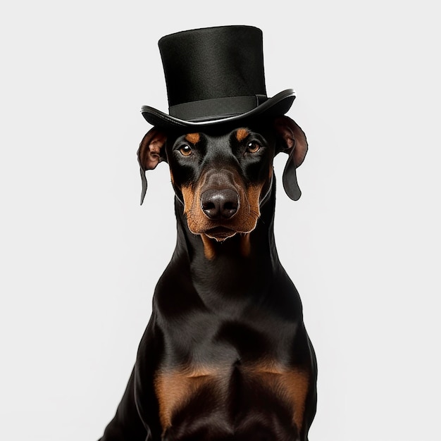 Doberman zwarte en bruine hond staat trots met een tophoed Honden bont is een mix van zwart en bruin