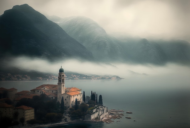 山とアドリア海と霧の天候でドブロタ モンテネグロ