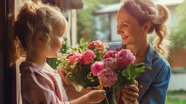 Foto dochter schenkt boeket bloemen aan moeder generative ai