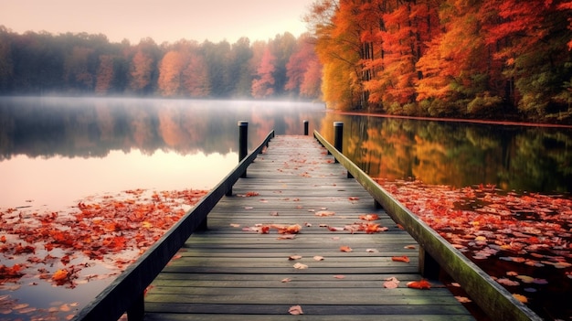 A dock on a lake with autumn leaves on the water