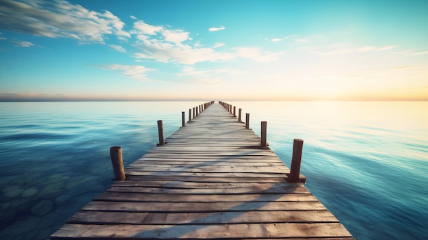 A dock on a lake with a blue sky and the sun shining on it.