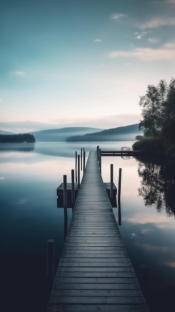 A dock on a lake with a blue sky and the word lake on it.