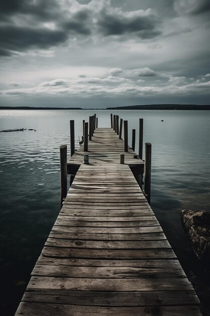 A dock on a lake with a cloudy sky in the background.