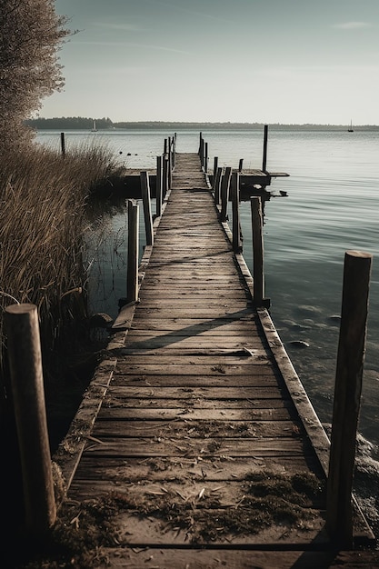 A dock on a lake with a cloudy sky