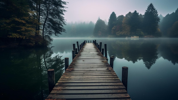 A dock on a lake with a foggy background