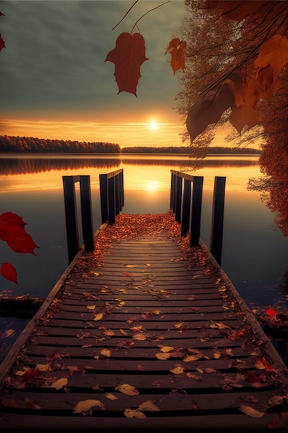 A dock on a lake with leaves on it