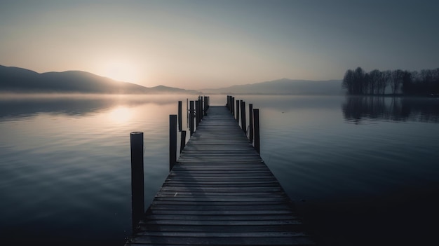 A dock on a lake with a sunset in the background.