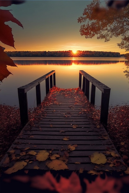 A dock on a lake with a sunset in the background