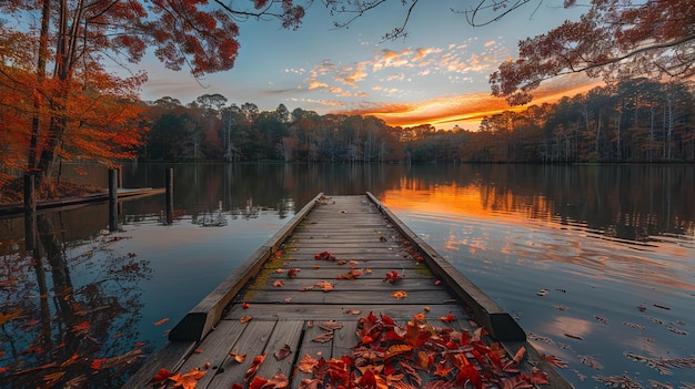 A dock leads into a lake at sunset