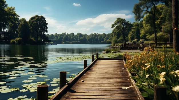 a dock sits in front of a body of water with trees around it