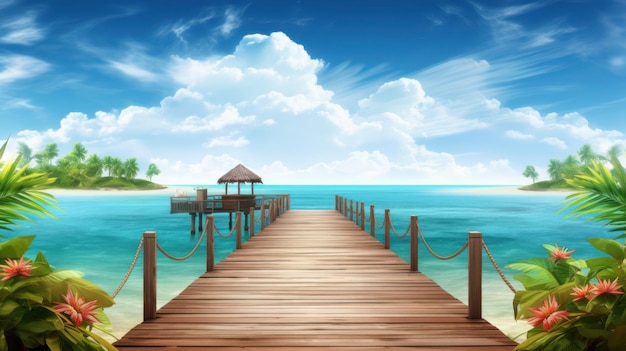 A dock on a tropical beach with a blue sky and clouds