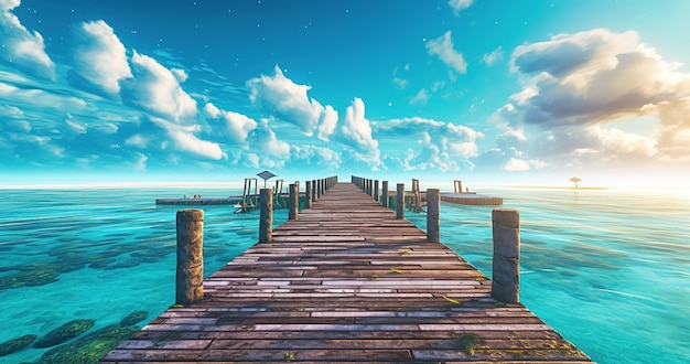 A dock with a blue sky and the sun shining on it.