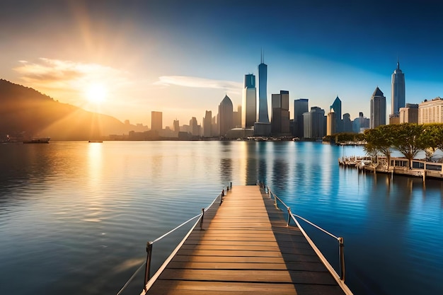 A dock with a city in the background