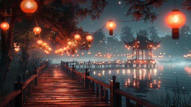 A dock with lanterns hanging on it a river