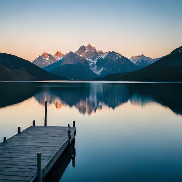 Photo a dock with a mountain in the background